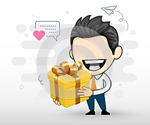 Happy businessman holding a big gift box with bow