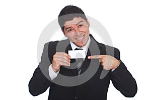 Happy businessman holding blank card in front of him