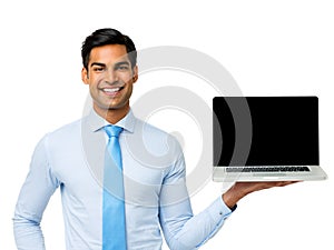 Happy Businessman Holding Laptop