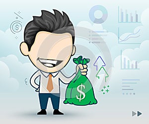 Happy businessman holding money bag in his hand in cartoon style