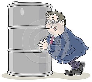 Happy businessman hugging an oil barrel