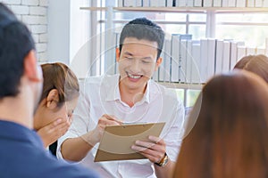 Happy businessman interviewing team business working together at modern office. business recruitment person for job concept