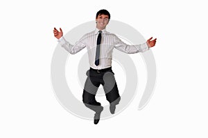 Happy businessman jumping in air isolated