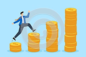 Happy businessman jumping on pile of money coins growth in flat design
