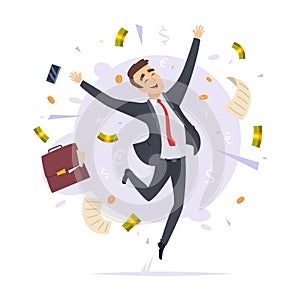 Happy businessman. Jumping proffesional successful young office manager male vector cartoon illustrations