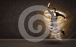 Happy businessman jumping in tornado concept