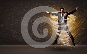 Happy businessman jumping in tornado concept