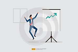 happy businessman jumps because increase sales presentation report on whiteboard. Finance performance concept. business profit