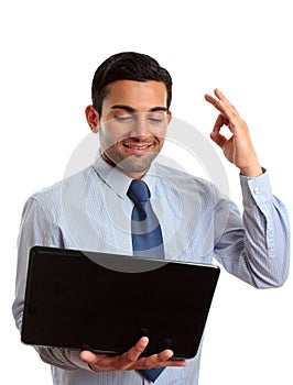 Happy businessman laptop excellent