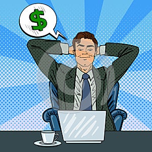 Happy Businessman with Laptop. Office Worker Dreaming About Money
