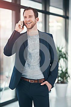Happy, businessman and laughing with phone call for communication, funny joke or comedy at office. Man or employee with