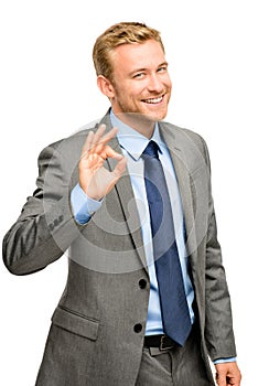 Happy businessman man okay sign - portrait on white background