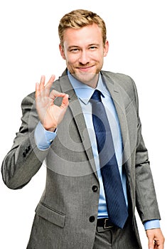 Happy businessman man okay sign - portrait on white background