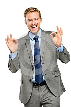 Happy businessman man okay sign - portrait on white background