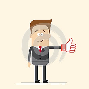 Happy businessman or manager shows a sign Thumb Up red color. Like icon. A man in a business suit and tie. Comic hand