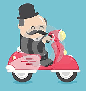 Happy businessman office worker character riding bike move to w