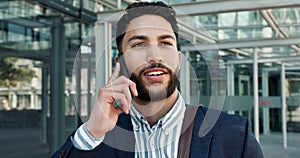 Happy businessman, phone call and communication in city for proposal or outdoor conversation. Face of man or employee