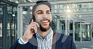 Happy businessman, phone call and communication in city for proposal or outdoor conversation. Face of man or employee
