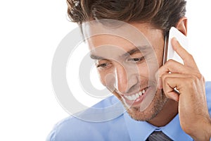 Happy businessman, phone call and communication for conversation on a white studio background. Closeup of man or