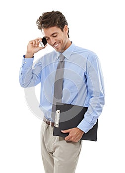 Happy businessman, phone call and conversation for communication or proposal on a white studio background. Man or