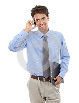 Happy businessman, phone call and discussion for communication or proposal on a white studio background. Man or employee