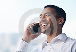 Happy businessman, phone call and smile outdoor for communication and marketing with network. Face of asian male