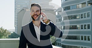 Happy businessman, phone call and walking on city rooftop for discussion, chat or outdoor networking. Friendly man