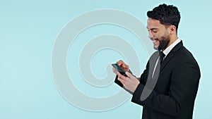 Happy businessman, phone and typing on mockup space in social media against a studio background. Male person or business