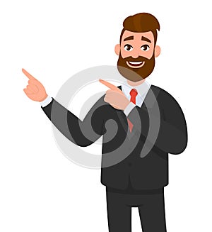 Happy businessman pointing hand gesture copy space to present or introduce something. Presentation.