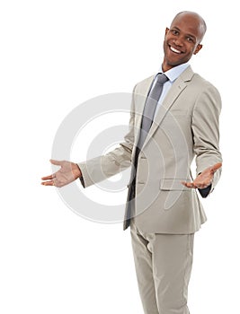 Happy businessman, portrait and hands out in fashion for career, job or suit on a white studio background. Black man or