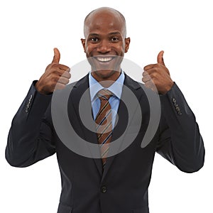 Happy businessman, portrait and thumbs up for success, good job or thank you on a white studio background. Face of black