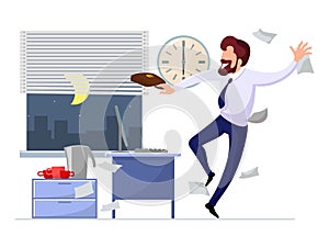 Happy businessman rejoices at the end of working day, week or beginning of vacation.