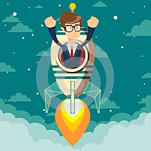 Happy businessman in a rocket ship launching to starry sky.