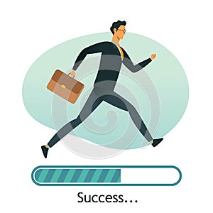 Happy businessman run on progress loading bar, Success concept.