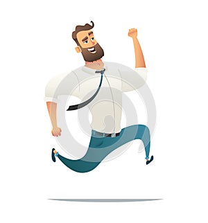 Happy businessman running. Man hurry or late. Cartoon vector illustration.