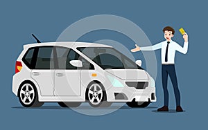 A happy businessman, salesman is standing and present his vehicles for sell or rent that parked in the shop. Business people or ca