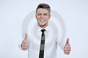 Happy businessman showing thumbs up