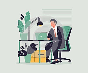Happy businessman sitting at desktop and working vector illustration. Office work, job satisfaction, productivity