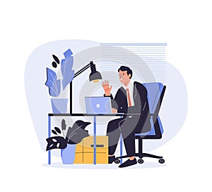 Happy businessman sitting at desktop and working vector illustration. Office work, job satisfaction, productivity vector