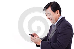 Happy businessman with smartphone application