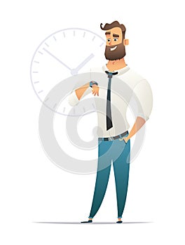 Happy businessman standing. Near big clock icon. Concept of time management. Man looks at a wristwatch. Cartoon vector