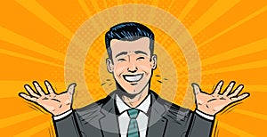 Happy businessman or student rejoices at success. Business concept. Cartoon in pop art retro comic style, vector