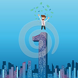 Happy businessman successful with money flowing in the air jumping on top of building.