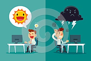 Happy businessman with sun symbol and frustrated businessman with thunder cloud symbol