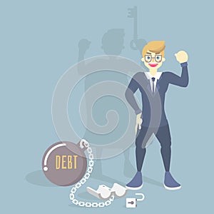 happy businessman with superhero costume shadow holding key, use it to unlock key pad chain from steel metal ball, financial, debt