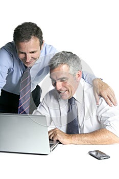 Happy businessman team on computer good sales