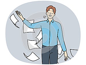Happy businessman throw papers feel relieved