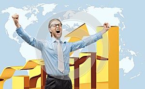 Happy businessman trader winner, on diagram and world map background