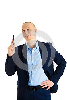 Happy Businessman using a pen, writing on invicible board, showing or presenting something. Isolated over white