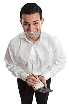Happy businessman, waiter etc with pen and notepad